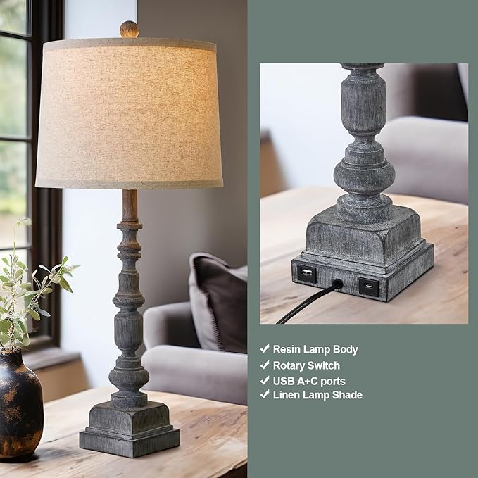 Oneach 27.75" Farmhouse Table Lamps Set of 2, USB A+C, Rustic Tall Table Lamp for Living Room, Traditional Rustic Lamps Bedside Lamps for Bedroom Office End Table, Antique Grey