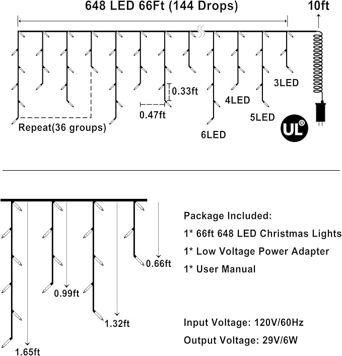 648 LED Outdoor Christmas Lights with 144 Drops, 66ft ChristmasLights with 8 Modes Timer, Christmas Twinkly Lights Waterproof for Wedding Eaves Yard Room Holiday Wedding Party Decor (Cool White)