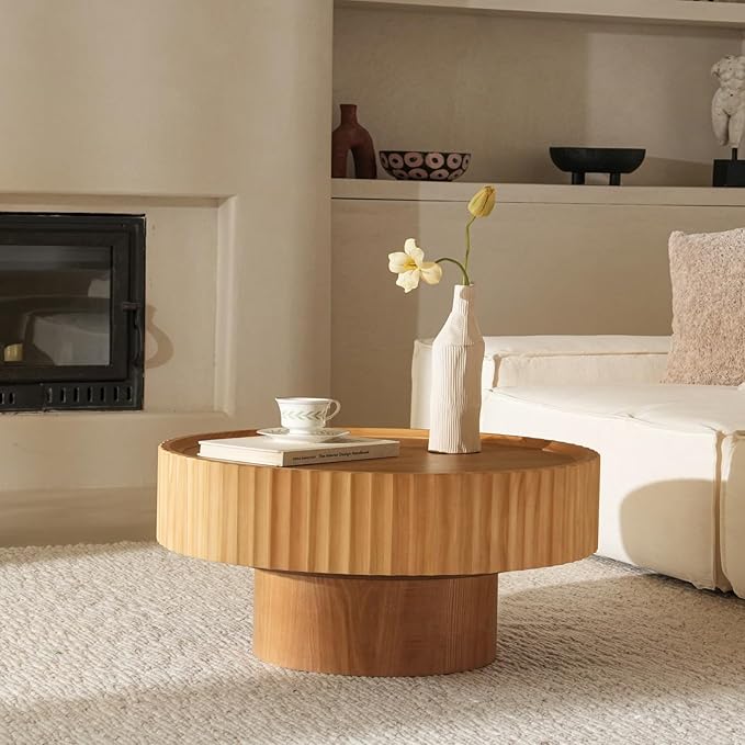 Round Coffee Table with Storage, 30.3” Fluted Drum Modern Living Room Table, Circle Wood Center Tables, Accent Mushroom Shape Coffee Tables for Living Room, Apartment(30.3''L×13.7''H)