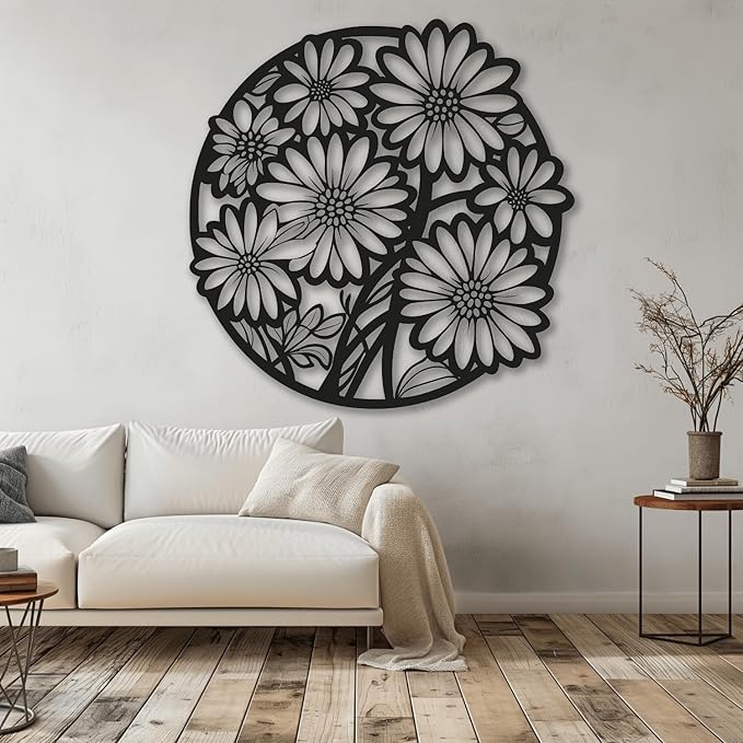 XXQ Metal Wall Art Decor, Daisy Flower Metal Wall Art Sculpture for Indoor Outdoor Line Wall Art for Bedroom Living Room and Kitchen (Gold, 39" x 39" / 100 x 100cm)