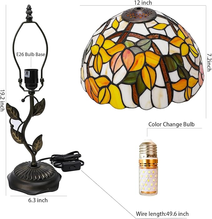 Stained Glass Table Lamp, Flower Style Lampshade & Metal Leaf Antique Base Desk Reading Light 12X12X19 Inches Decor for Bedroom Living Room Office