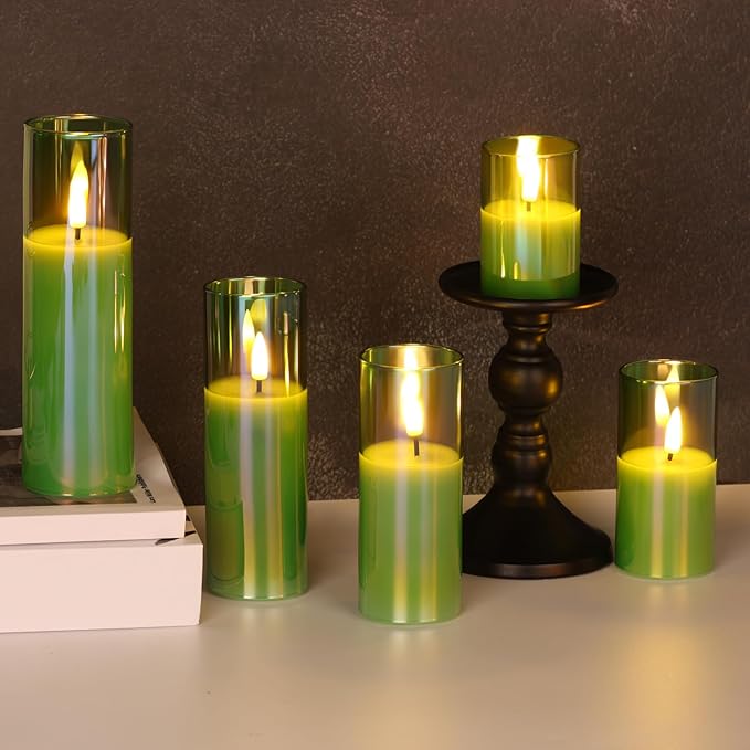 Green Christmas Glass Flameless Candles with Remote Batteries, Flickering Slim Tall LED Pillar Candles Set of 5