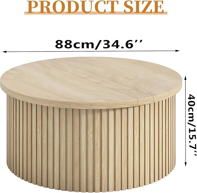 Lift Top Coffee Table with Storage, Round Coffee Tables for Living Room, 34.6'' Farmhouse Fluted Coffee Table, Wood Center Table with Large Hiddern Storage Compartment (Wood Color)