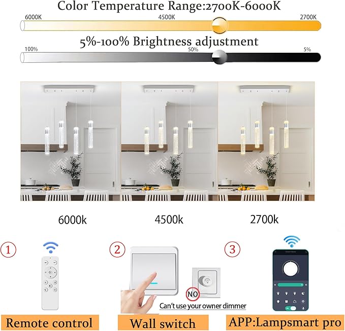 Dimmable Chrome 4-Light Pendant Lights Kitchen Island Modern LED Crystal Ceiling Light for Dinning Room Living Room 32W