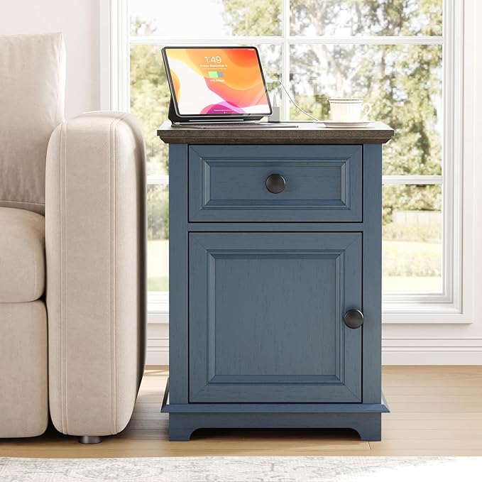 24" Tall End Table with Fast Charging Station, Square Side Table with Drawer & Large Storage Cabinet, Vintage Wooden Table for Living Room/Bedroom, Blue