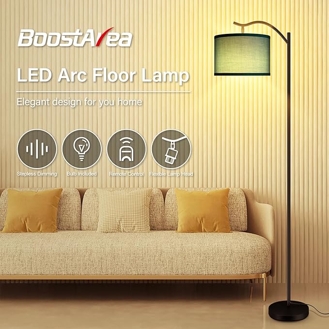 BoostArea Floor Lamp for Living Room,Arc Floor Lamp Remote Control,Stepless Dimmable Brightness & Colors Temperature 2700k-6500k,Foot Switch,Modern Standing Lamp for Bedroom Study Room Office,Green
