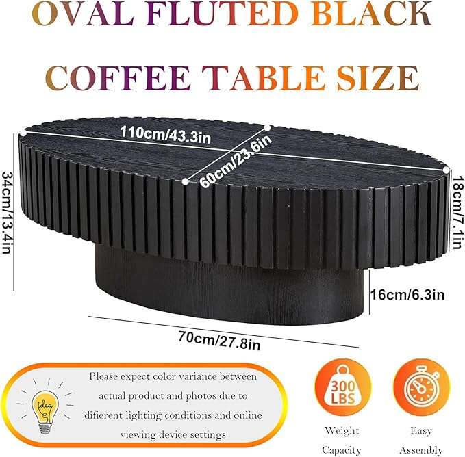 43.3in Fluted Side Tables Living Room Modern Chic Drum Coffee Table - Spacious Tabletop, for Small Space - Living Room Apartment Study,Black