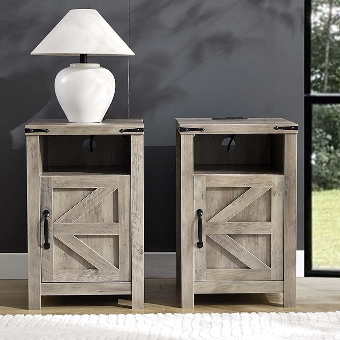 Grey Farmhouse Nightstand Set of 2, Rustic End Table with Barn Door and Shelf, Bedside Table with Charging Station for Living Room, Bedroom