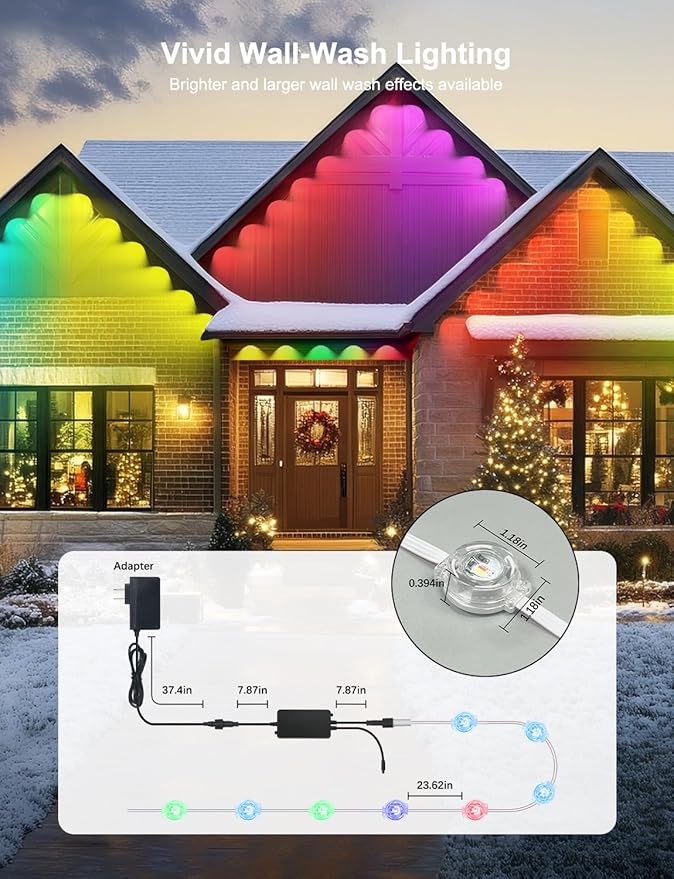 100ft RGB+ IC Permanent Outdoor Lights, Eaves Lights with 50 LED Lights, IP68 Waterproof, Music Sync with Remote Control for Garden Party Decor, Deck, Christmas with Cool White