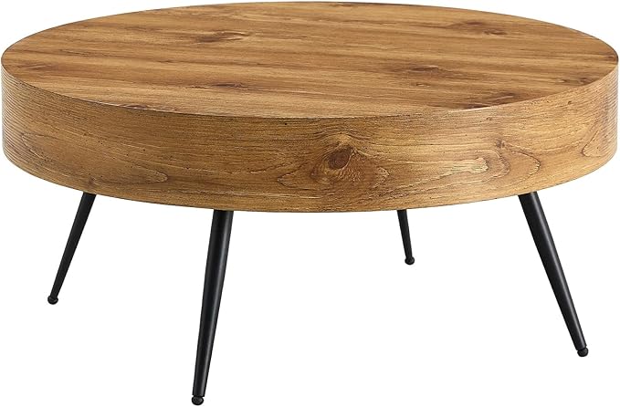 LKTART Coffee Table for Living Room, Round Wood Coffee Tables with Storage, Modern Metal Accent Center Tea Table for Apartment Small Space (31Inch-Brown)