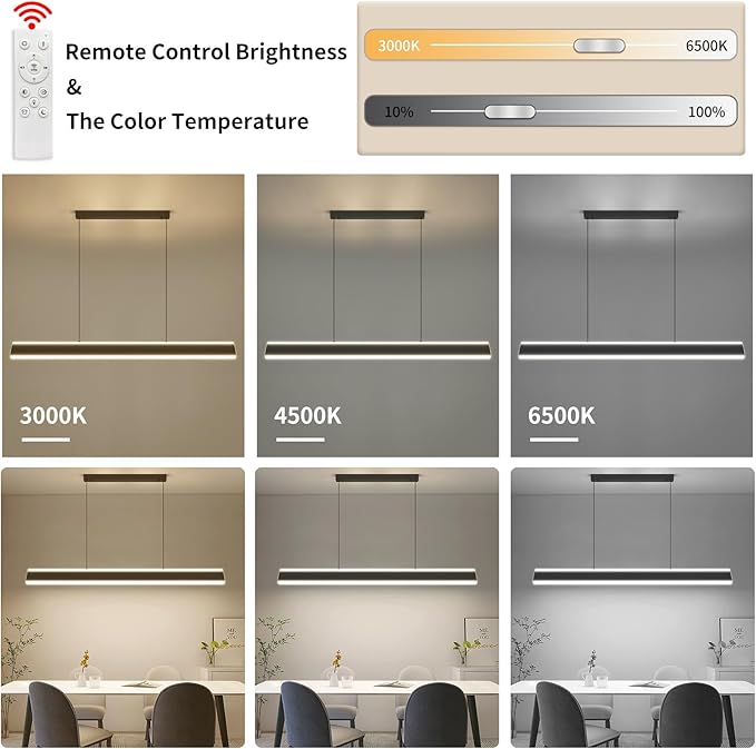 47" Linear Pendant Light Fixtures, Dimmable LED Chandeliers for Dining Room, Modern Pool Table Island Light for Kitchen Dining Room Billiard Room Office, Black, Adjustable Height