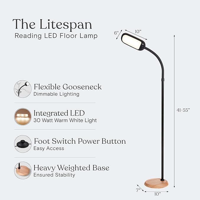 Brightech Litespan Slim LED Floor Lamp - Modern Reading Light Over Chair for Living Rooms & Offices, Tall With Adjustable Gooseneck, Crafts Work Light, Dimmable Standing for Bedroom - Wood