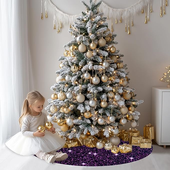 Purple Christmas Tree Skirt 36 Inches Sequin Tree Skirts Embroidered Velvet Tree Skirt Sparkly Xmas Tree Base Cover Glitter Fall Tree Skirt for Artificial Trees Christmas Tree Skirts Decor