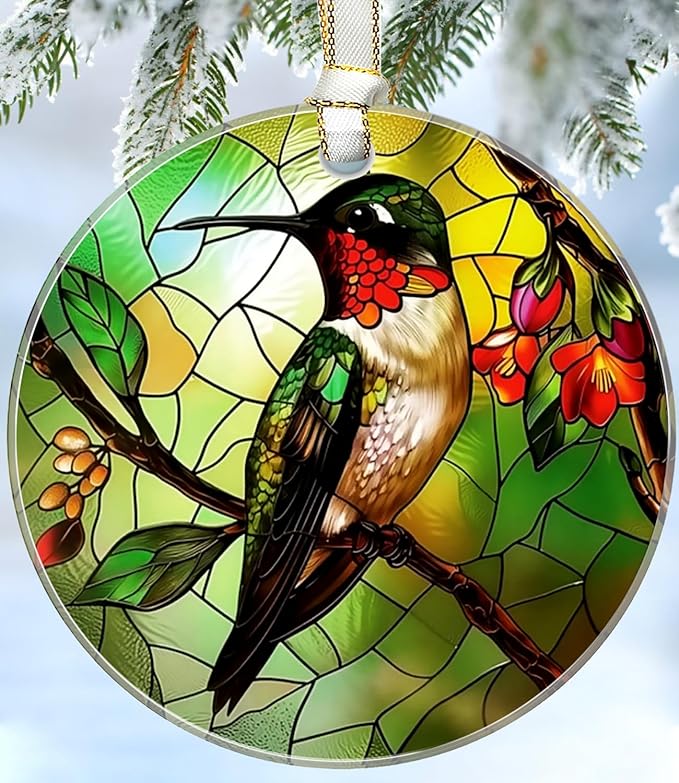 Christmas Ornaments 2025, Stained Glass Christmas Tree Decorations, Exchange for Women, Men, Collectible Dated Year Ornaments for Tree - Glass Hanging Ornament（Hummingbird）