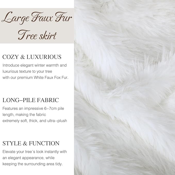 60 Inch Extra Large Faux Fur Christmas Tree Skirt, White Long Fur Fluffy Tree Skirt Plush Luxury Soft Warm for Home Xmas Party Holiday Indoor Decor