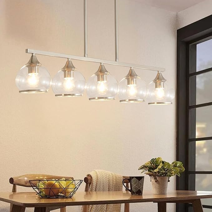 5 Light Round Linear Chandelier Nickel Modern Glass Hanging Light Minimalist Clear Kitchen Chandeliers Hight Adjustable for Dining Room Island Living Room (Nickel)