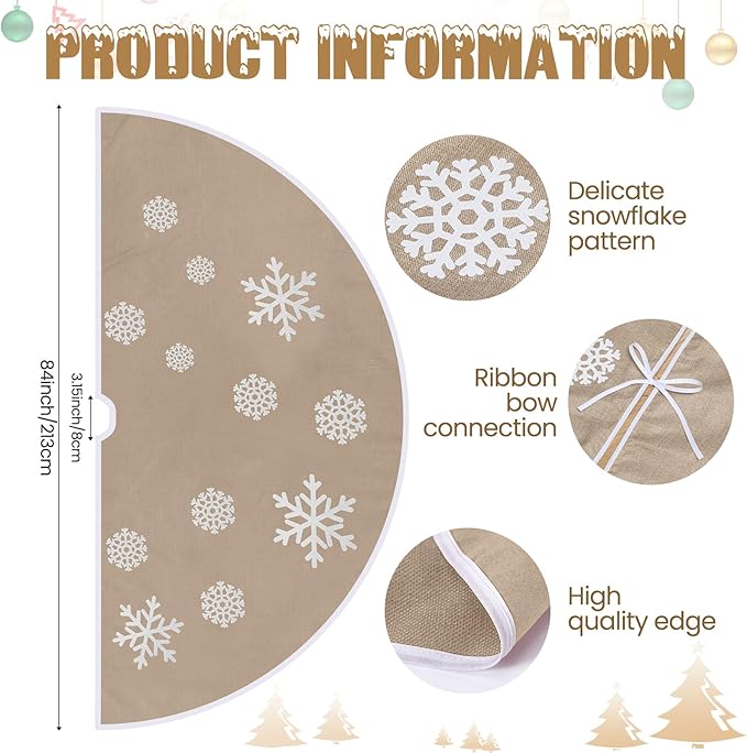 84 Inch Large Christmas Tree Skirt, Burlap Tree Skirt White Snowflake Xmas Mat for Christmas Home Farmhouse Holiday Indoor Outdoor Decoration