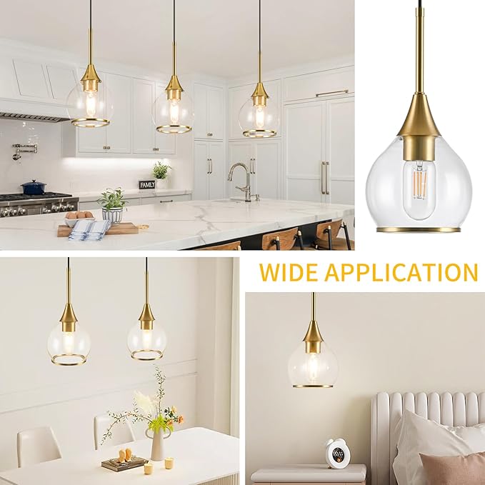 1-Piece Island Light for Kitchen, 1-Light Gold Kitchen Island Hanging Pendant Light, Brushed Gold Dining Room Light Fixture Over Table with Clear Round Glass Shades
