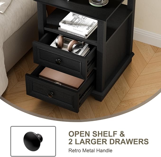 End Table with Fast Charging Station Set of 2, 18" Wide Sofa Side Table with Drawers, Large Storage Rustic Wood Square Storage Cabinet for Living Room