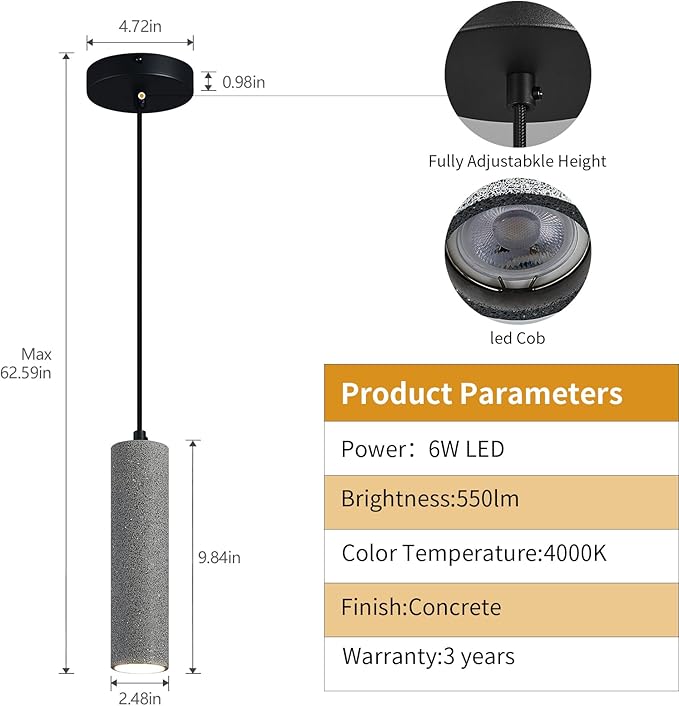 Modern Black LED Concrete Pendant Light Kitchen Islandceiling Light Fixture Pendant Lighting for Dining Room Coffee Club Resturant Bar Living Room(1-Pack)