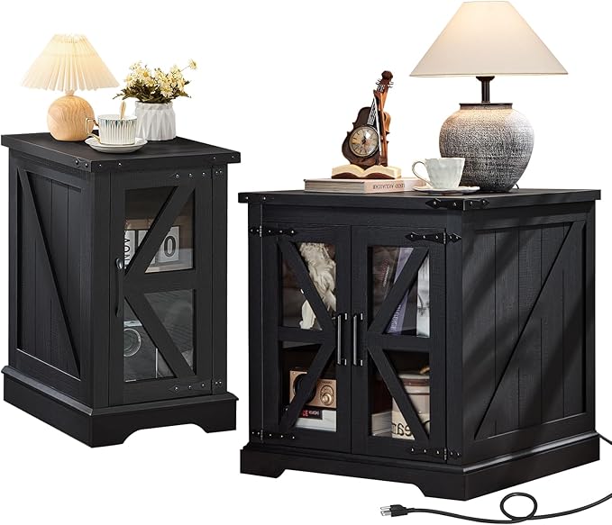 End Tables Living Room Set 2, 18'' Night Stand and 24" Square Side Table with Charger Station, Wood Furniture Sets, Nightstand Bedside End Table for Bedroom