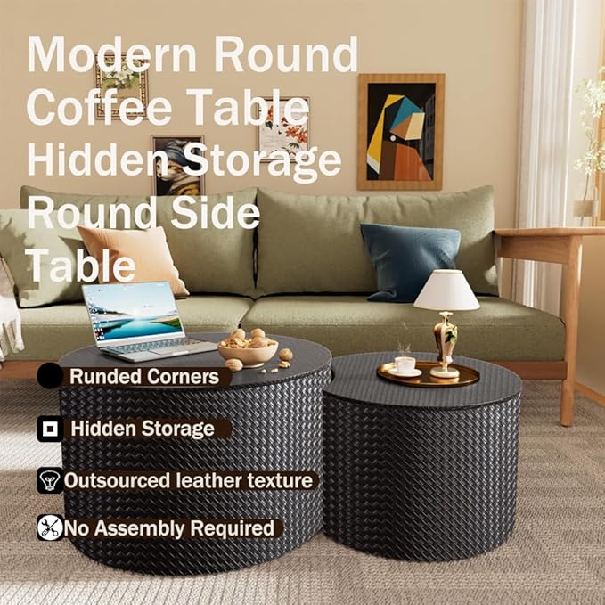Nesting Coffee Table Set of 2 Modern Round Coffee Table with Hidden Storage Round Side Table Drum Accent End Tables for Living Room, Bedroom (Black)