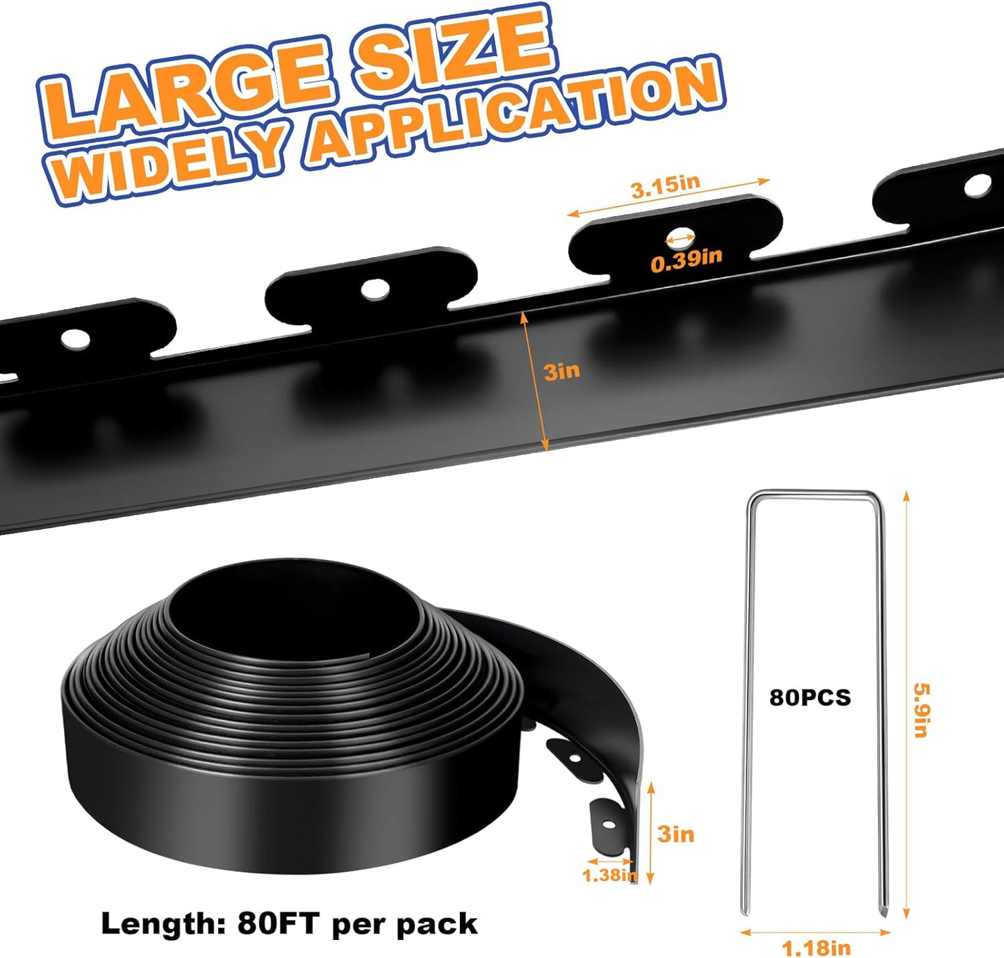 3 Inch x 80 FT (Multiple Sizes Available) Landscape Edging, Garden Edging Borders with 80pcs Upgrade Stakes, Flexible No Dig Plastic Garden Border for Lawn, Landscaping, Flower Beds and Yard