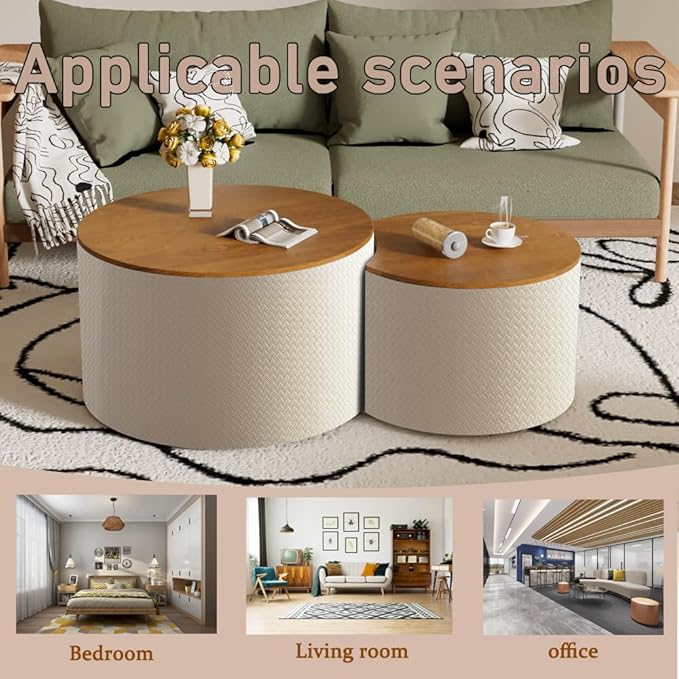 Nesting Coffee Table Set of 2 Modern Round Coffee Table with Hidden Storage Round Side Table Drum Accent End Tables for Living Room, Bedroom (White)