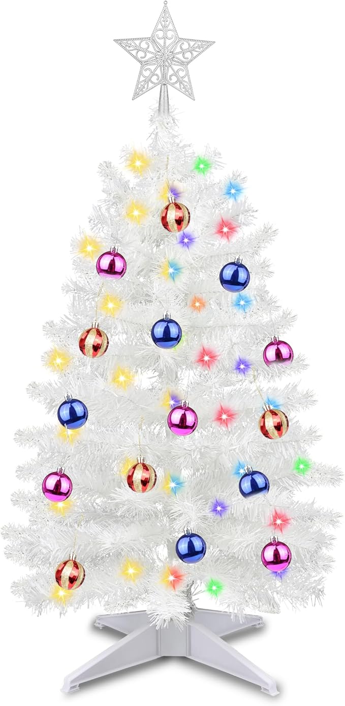 3 Feet White Tinsel Christmas Tree 12 Modes Dual Color Change Timer DIY 50 Warm White & Multicolor Lights Star 15 Ball Ornaments Battery Operated Small Artificial Full Xmas Tree Table Home Indoor