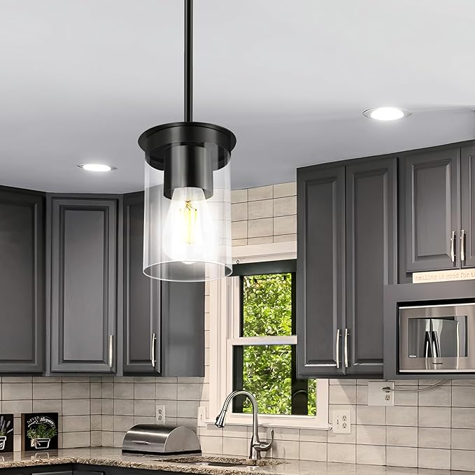 Modern Pendant Light Glass Shade, Kitchen Island Pendant Lighting with Glass Shade for Dining Room,Bedroom, Bar,Office,Farmhouse Black,1Pack-4.72 Inch Shade 40 Inch Cord