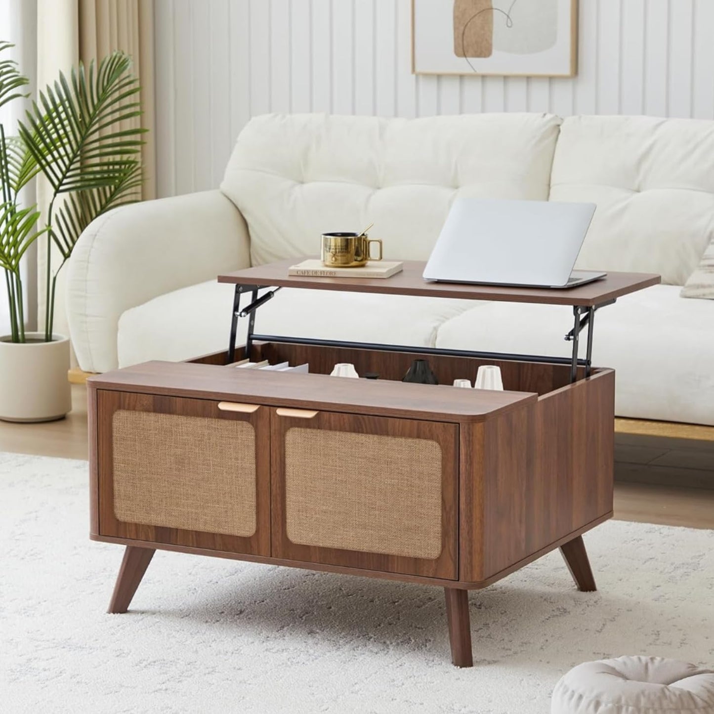 AVZEAR Lift Top Coffee Table with Storage, Mid Century Modern Coffee Table with Nature Linen Doors & Large Hidden Storage, Rounded Corners Center Table Farmhouse Coffee Tables for Living Room, Walnut