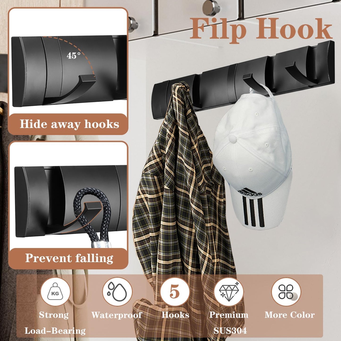 Folding Coat Hooks, Wall Mounted Coat Rack with 5 Retractable Hooks, Heavy Duty Towel Rack for Bathroom Wall Hook for Hanging Clothes Bathrobe, Stainless Steel Coat Hanger for Entryway(Black)