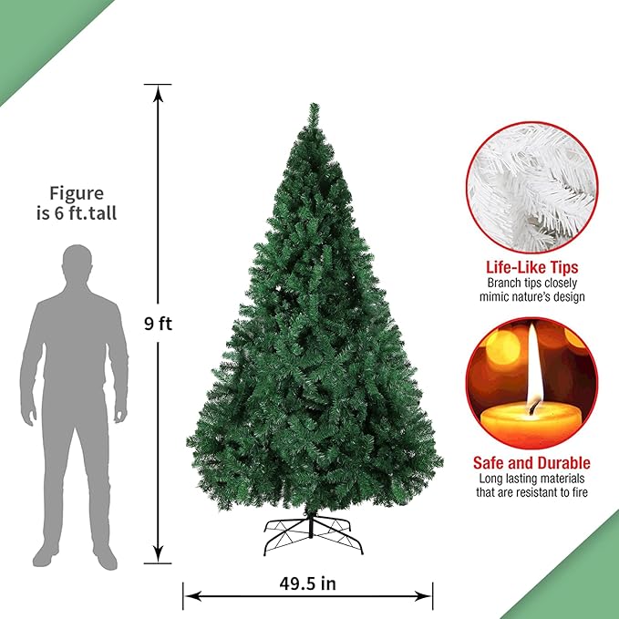 9FT Artificial Christmas Tree, Full Premium Hinged Artificial Pine Tree with 1850 Branch Tips Metal Stand for Outdoor & Indoor (Green)
