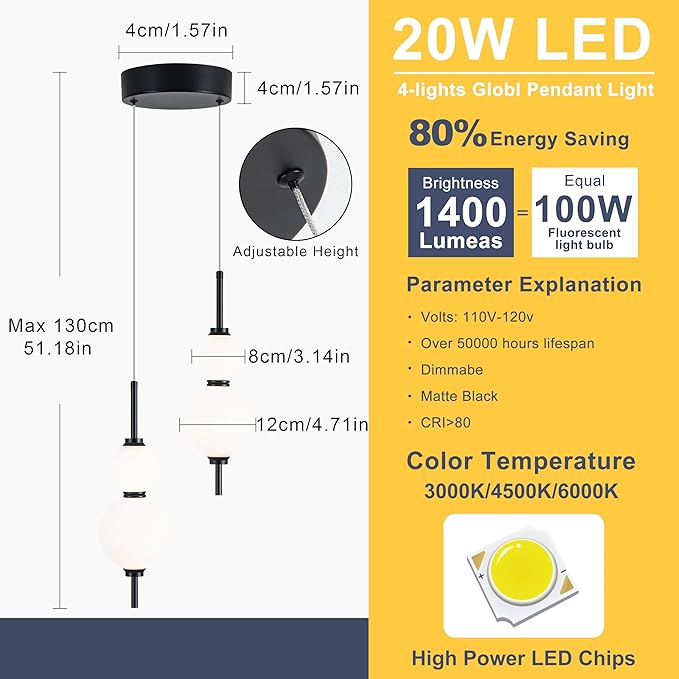 LED Modern Matte Black Pendant Light, 20W Dimmable Cluster Pendant Lights Kitchen Island with 4 Globes, Adjustable 2-Light Hanging Pendant Light Fixtures for Dining Room, Living Room,3000K-6000K
