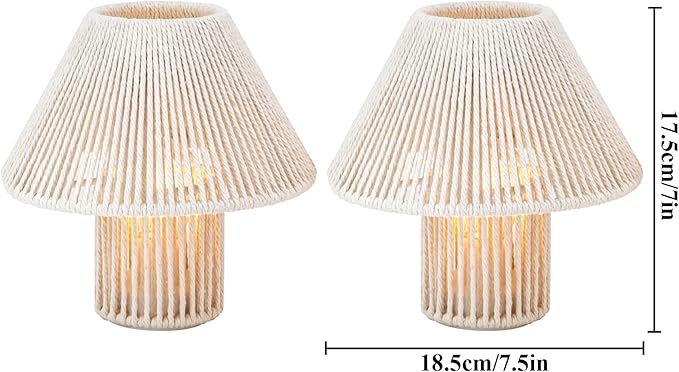 TRIROCKS Woven Cotton Rope LED Cordless Table Lamp Set of 2, 7'' Tall Battery Operated Desk Lamp, Boho Bedside Lamps Great for Living Room Bedroom Weddings Parties Patio Events