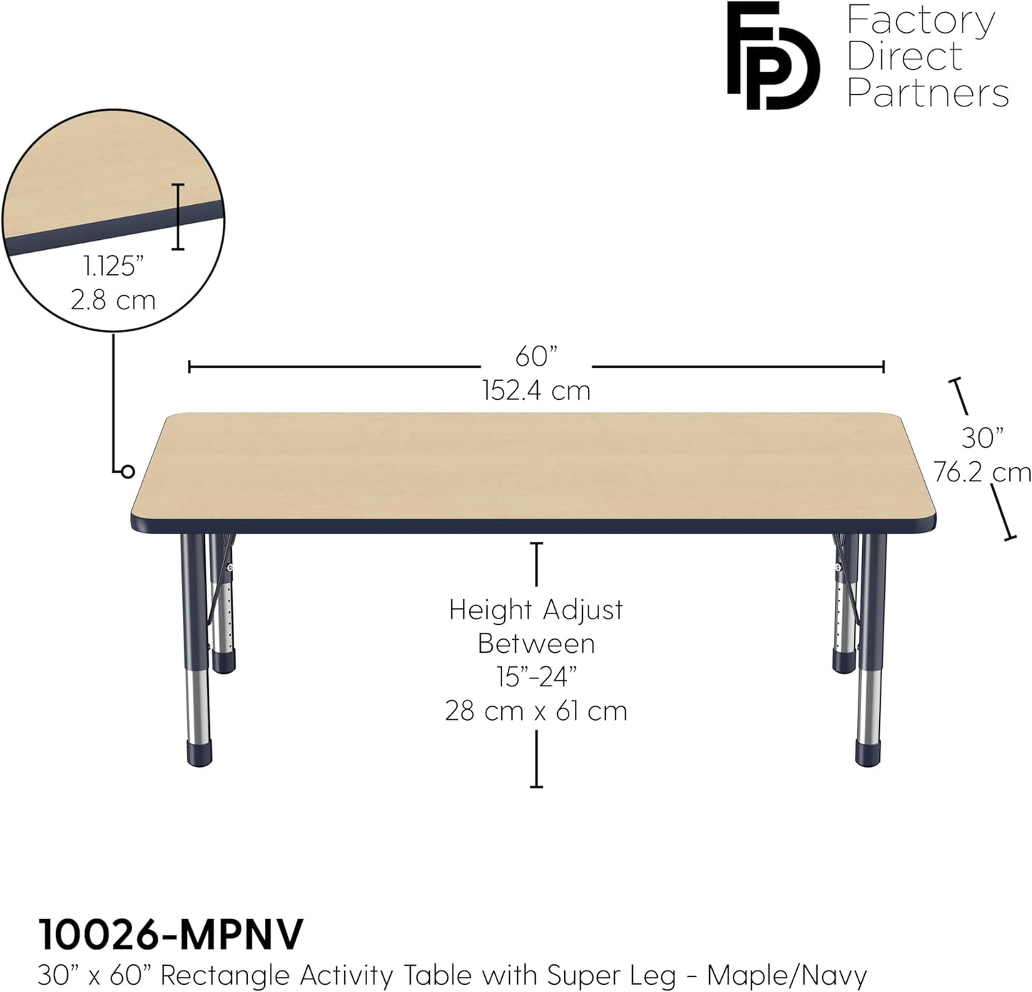 FDP Rectangle Activity School and Classroom Kids Table (30 x 60 inch), Toddler Legs, Adjustable Height 15-24 inches - Maple Top and Navy Edge