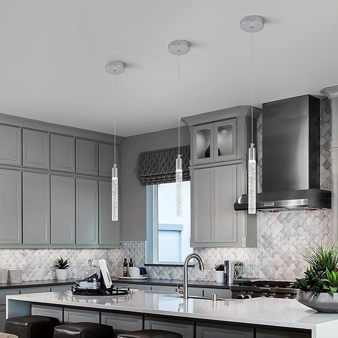 Modern Kitchen Island Pendant Light Dimmable LED Chrome Finish Mini Crystal Pendant Lighting Bedroom Bedside Table Small Pendant Lights（3-Pack）