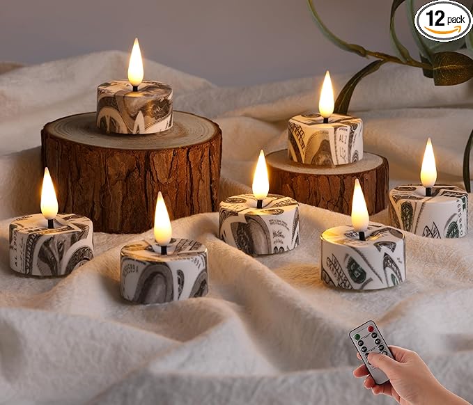 Eywamage Flameless Tealights with Remote Batteries, Dollar Pattern Flickering LED Tea Votive Candles Set of 12