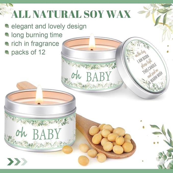 Funtery 12 Pcs Baby Shower Party Favors for Guests Baby Shower Candles Lavender Scented Candle Rustic Tealights Candles Gender Reveal Return Gifts(Leave)