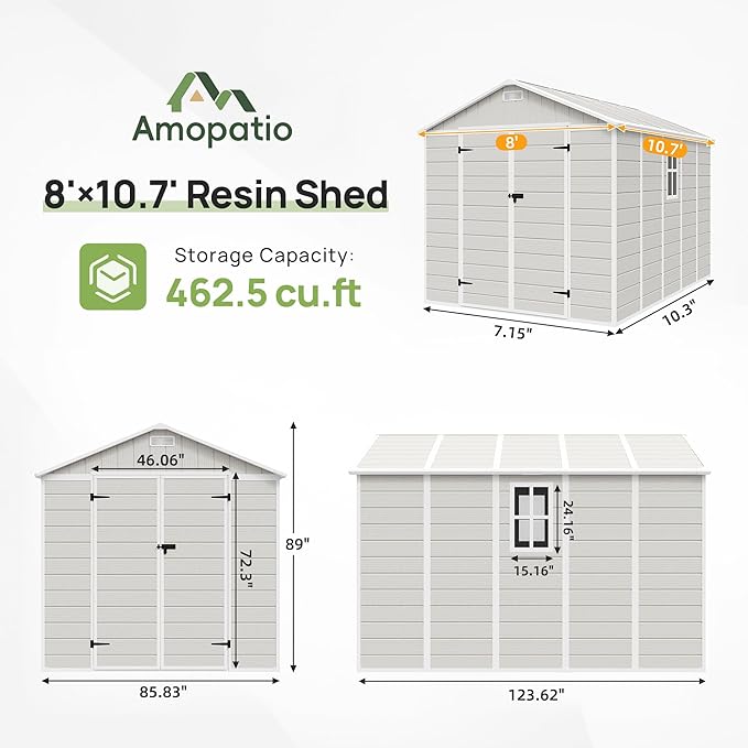 Amopatio Outdoor Storage Shed with Floor, 8x10 FT Lockable Plastic Tool Shed with Ventilation, Waterproof Resin Garden Sheds for Backyard, Patio, Lawn and Bike Bedge