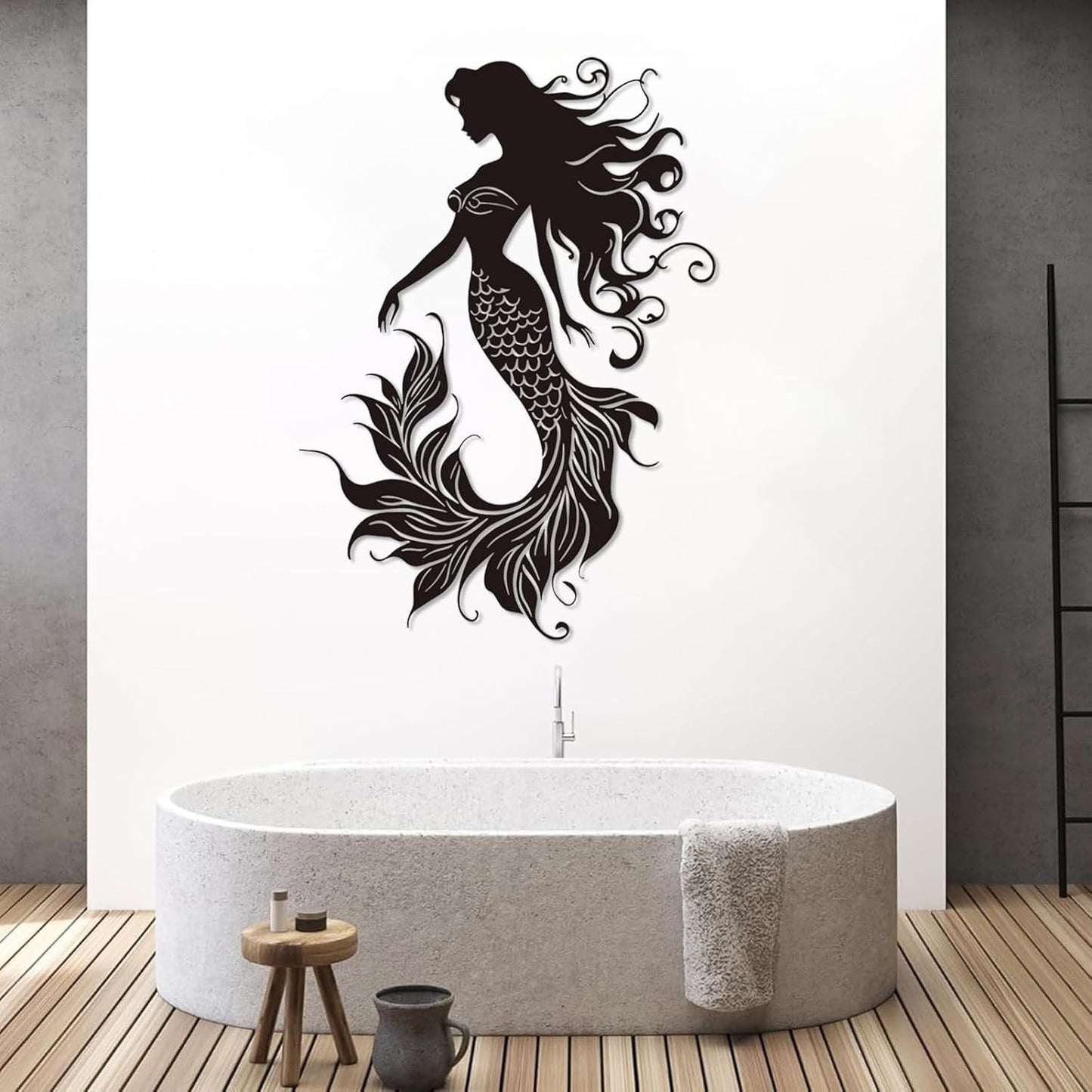 Veplsur Mermaid Metal Wall Art, Metal Mermaid Wall Decor, Marine Biology Wall Decor, Ocean Wall Art, Nautical Wall Hanging, Beach Hanging for Bathroom Bedroom (Black, 53"x38"|135x96cm)