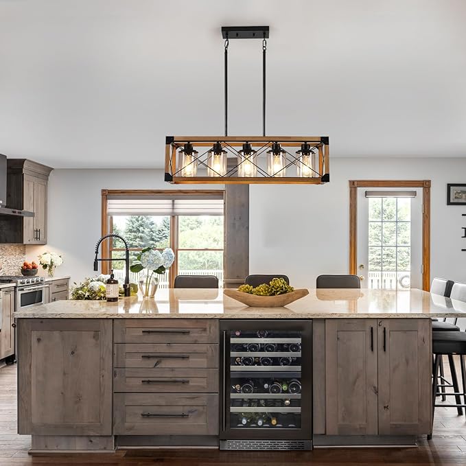 Rustic Hanging Lights Fixture Farmhouse Chandeliers for Dining Room Kitchen Island Light Fixtures 5-Light Wood Chandelier Over Dining Table with Clear Glass Shade-Oak