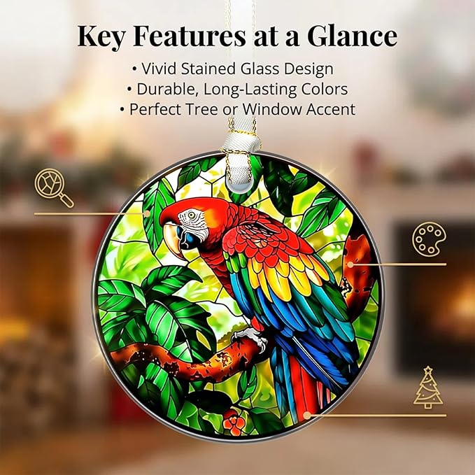 Christmas Ornaments 2025, Stained Glass Christmas Tree Decorations, Exchange for Women, Men, Collectible Dated Year Ornaments for Tree（Parrot）