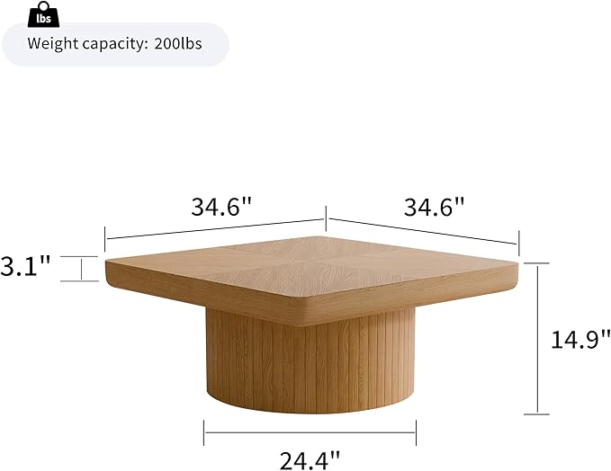 Square Coffee Table with Round Wood Pedestal Coffee Tables for Living Room, Modern Rustic Center Table Easy Assembly Natural-ø34.6"&ø34.6 ø14.9