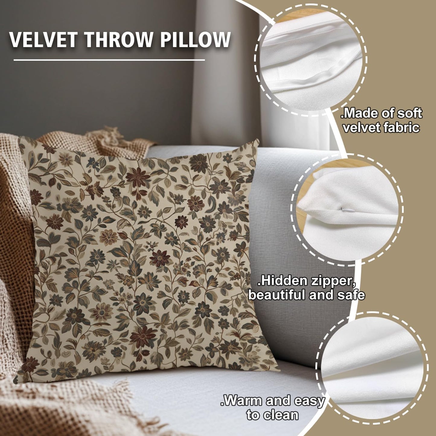 William Morris Abstract Vintage Floral Velvet Butterfly Design Throw Pillow Covers Home Decor, Retro Art Deco Pillowcase Cushion Cover for Bed Sofa Living Room, Square 18x18inch (Beige-Floral)