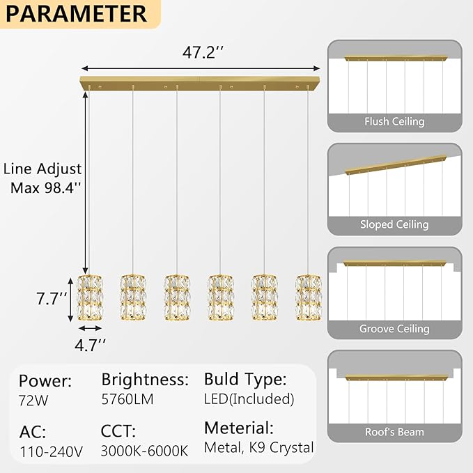 6-Lights Rectangle Modern Crystal Pendant Lights for Kitchen Island LED Dimmable Glam Pendant Lighting Chandelier for Dining Room Hallway Corner Lamp Gold