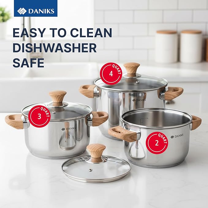 Daniks Oslo 6-Piece Stainless Steel Cookware Set with Glass Lids, Tri-Ply Bases for Even Heating, Induction Compatible, Dishwasher Safe, Bakelite Handles
