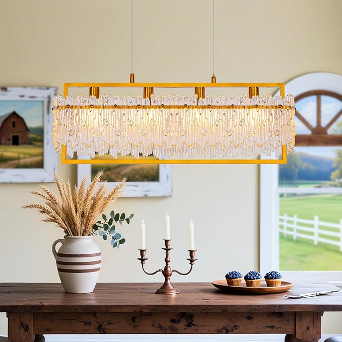 MantoLite Dining Room Light Fixture Modern Rectangle Golde Crystal 4-Light Chandeliers for Dining Room 25" Linear Farmhouse Lighting Fixture for Kitchen Island Light Living Room