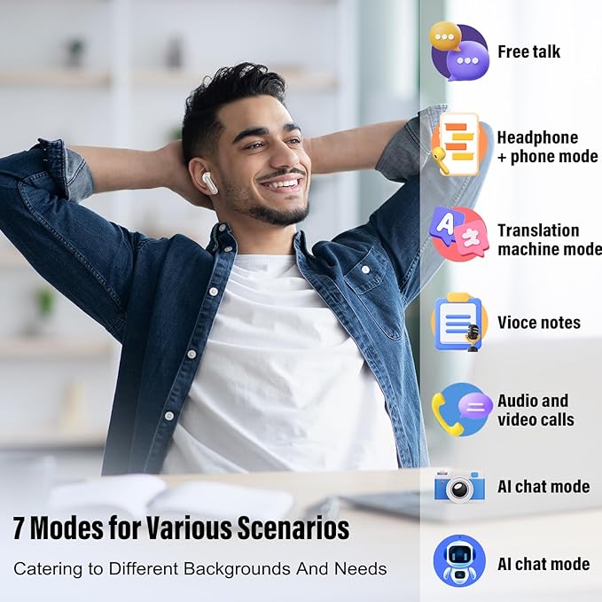 Ai Translation Earbuds Real Time, Simultaneous Interpretation Translator Earbuds with 6 Translation Modes/164 Languages, No Subscription Translatior Headphones, Light Gray