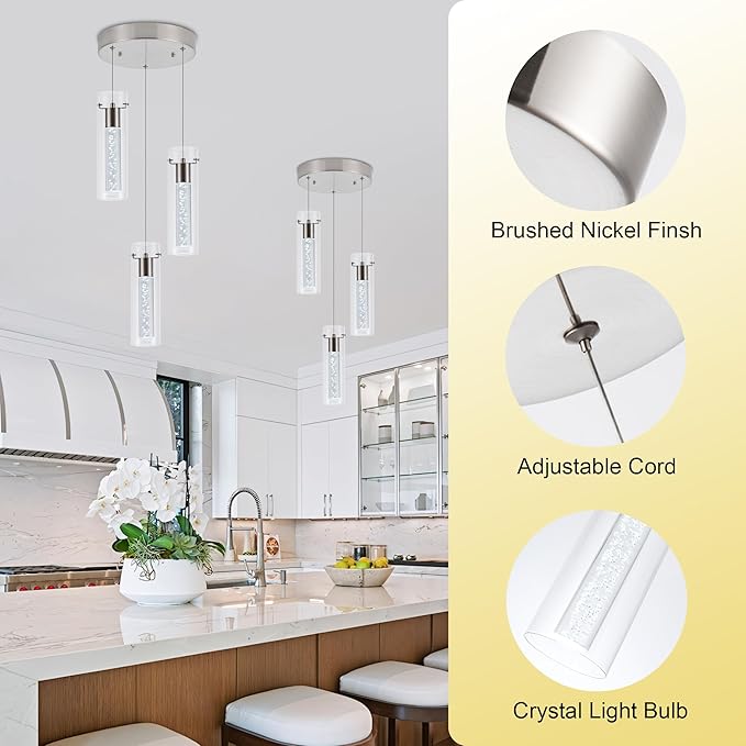 Pendant Light Kitchen Island with Remote Control, Dimmable & Adjustable Color Temperature 3000K/4000K/6000K, Modern Brushed Nickel & Clear Glass Lighting Fixture for Dining Room